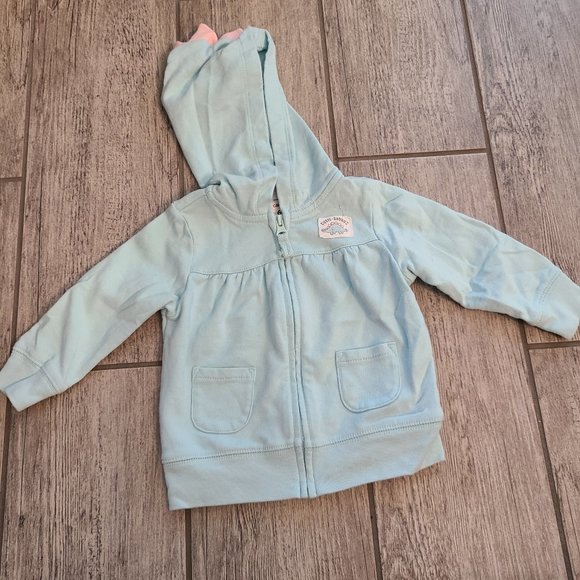 Carter's baby girl zippered sweater jacket with dinosaur hood light blue size 6M - Picture 1 of 7